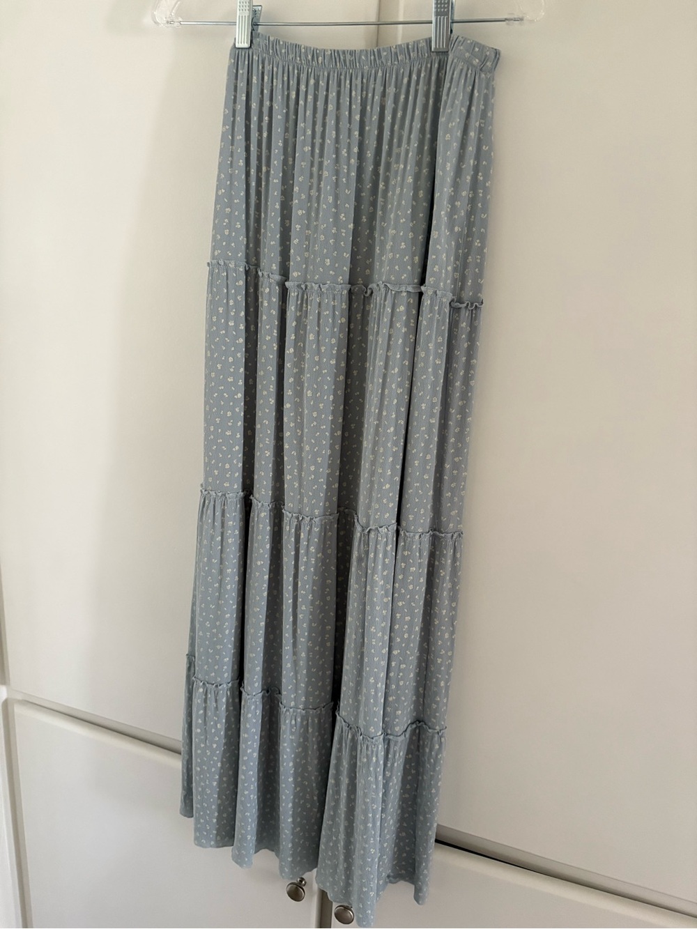 Brandy Melville Light Blue Tiered Maxi Skirt with White Ditsy Print